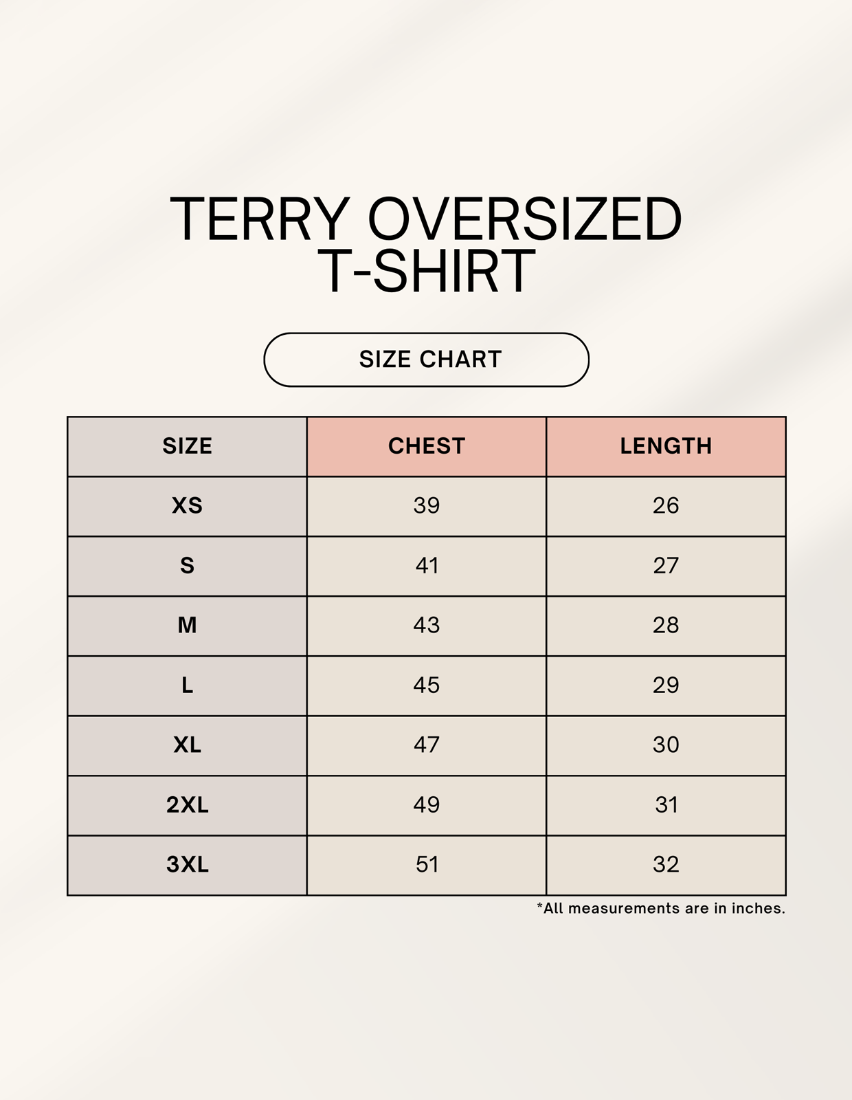 Terry oversized t-shirt size chart with chest and length measurements from XS to 3XL.