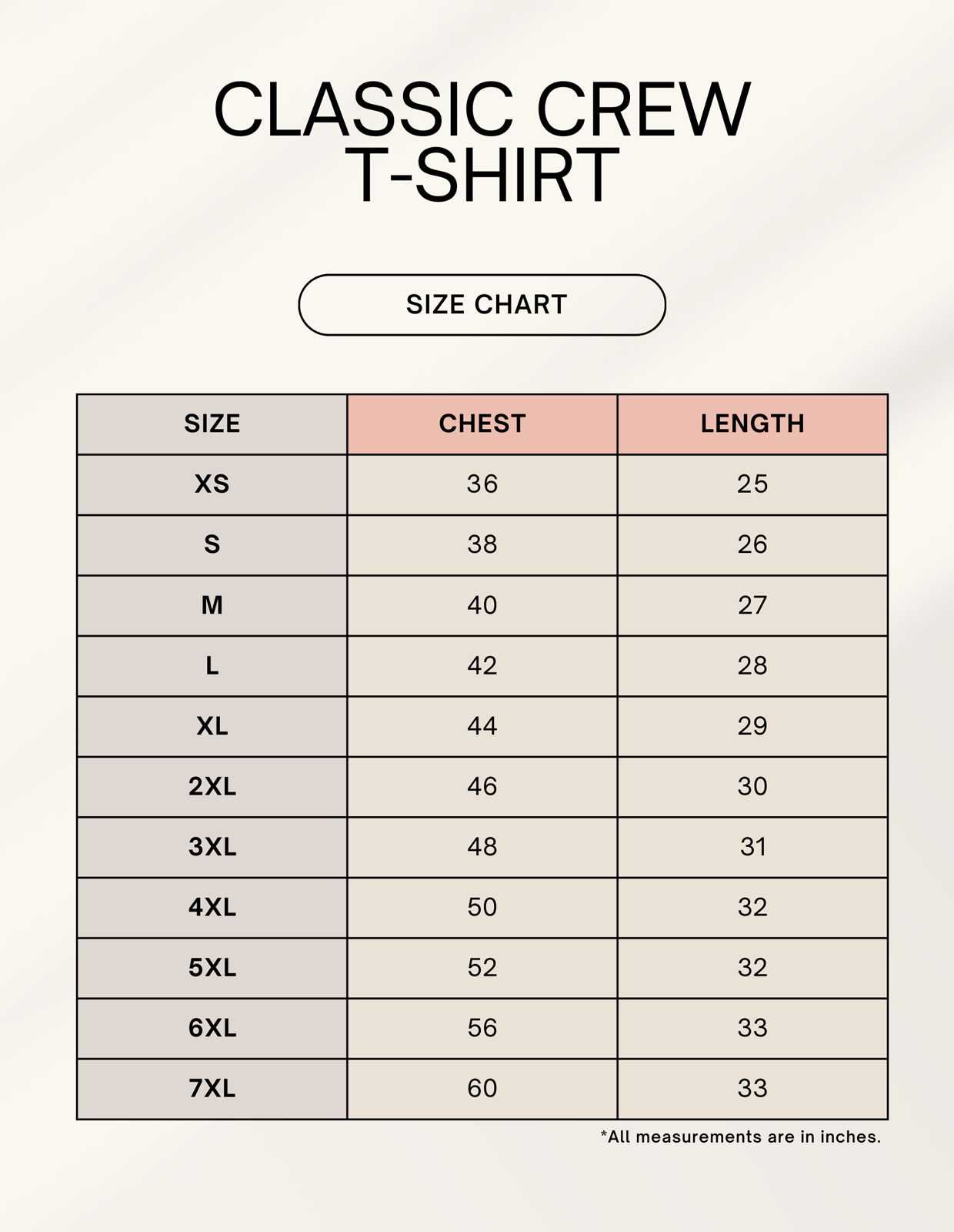 Classic crew t-shirt size chart with chest and length measurements from XS to 7XL.