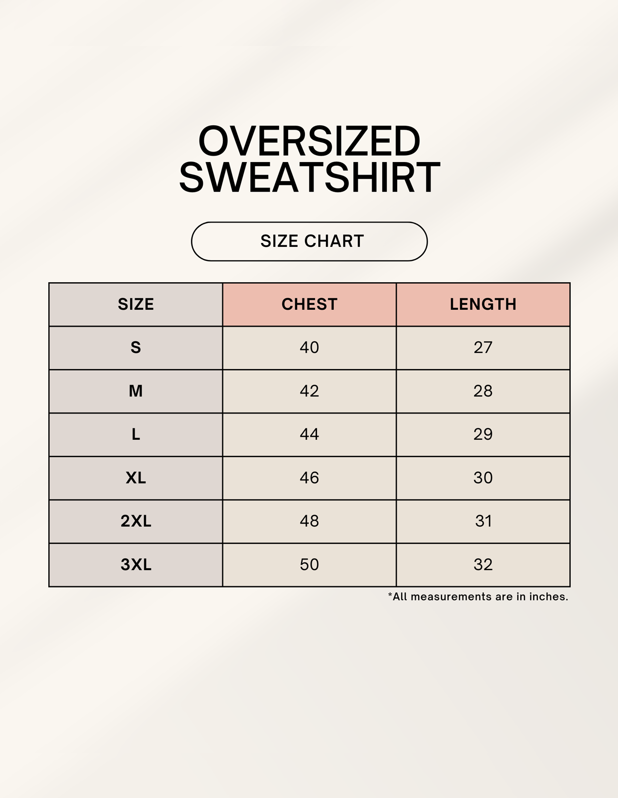 Oversized sweatshirt size chart with chest and length measurements for S to 3XL in inches.