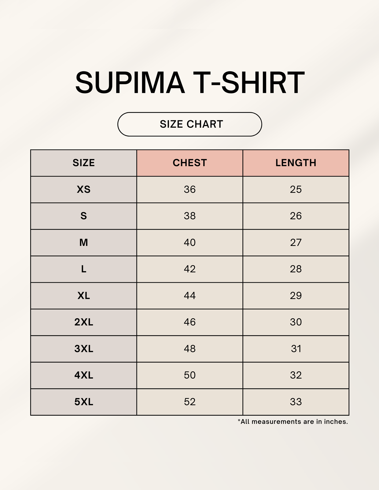 Supima T-shirt size chart with chest and length measurements for XS to 5XL