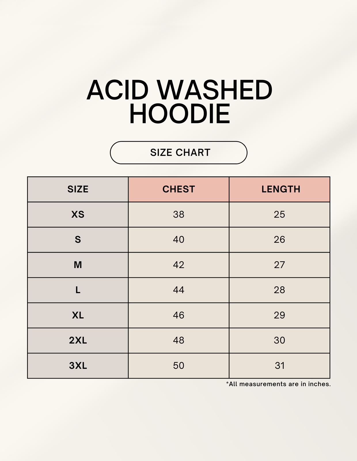 Acid washed hoodie size chart showing chest and length measurements for XS to 3XL.