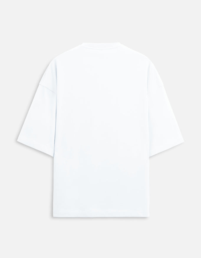 Back view of plain white oversized short sleeve t-shirt on white background