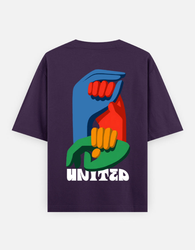 Purple t-shirt with colorful graphic hands and 'UNITED' text on the back