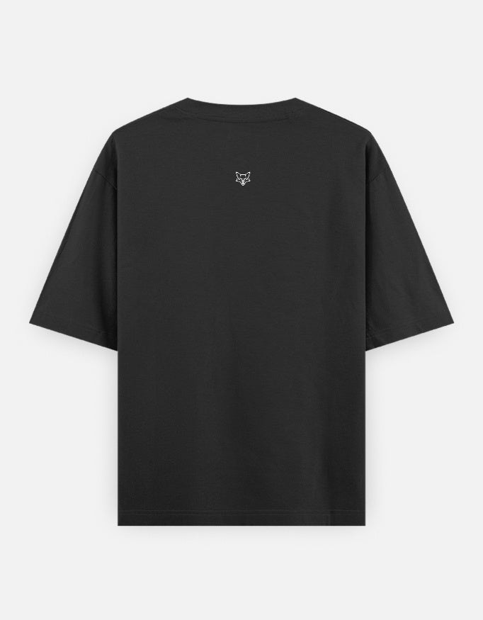 Black t-shirt back view with small white fox head logo on upper center
