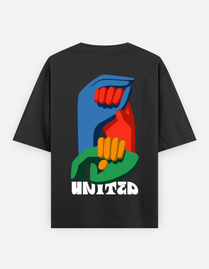 Black t-shirt with colorful graphic hands and 'UNITED' text on the back