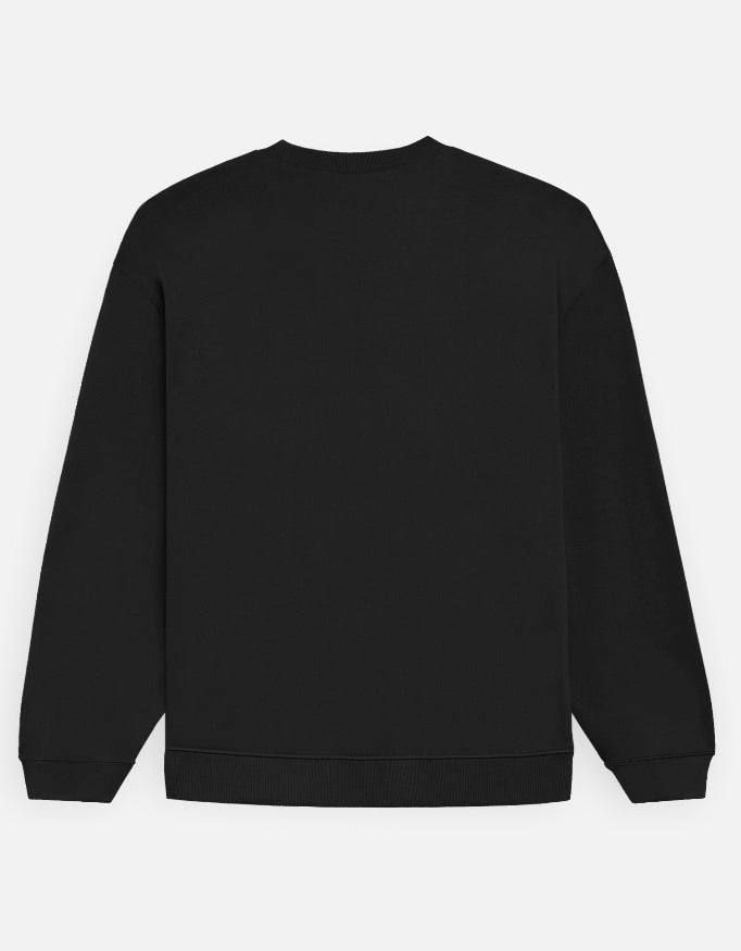 Back view of plain black crewneck sweatshirt with long sleeves on white background