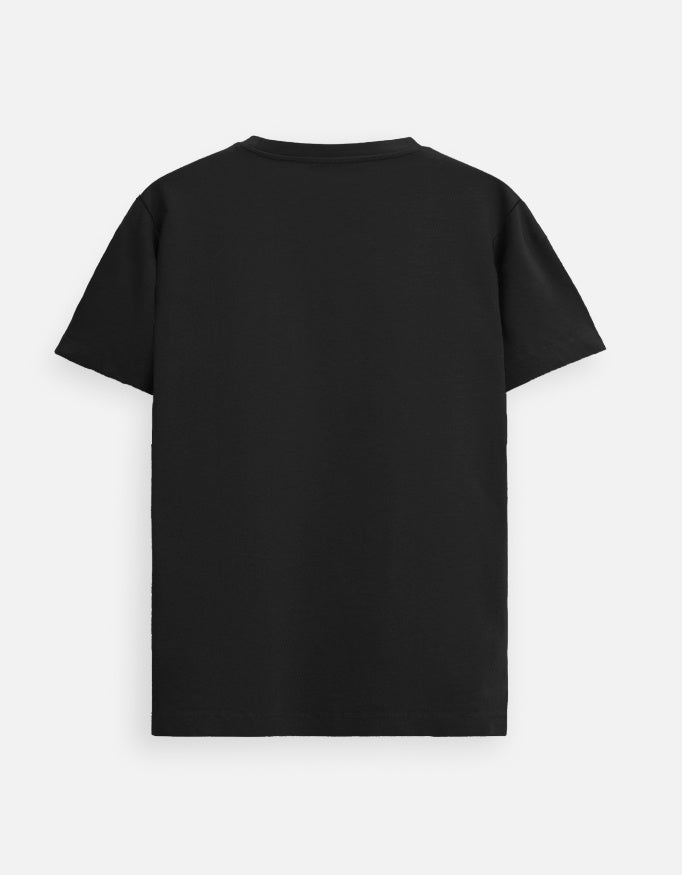 Back view of plain black short sleeve cotton t-shirt on white background