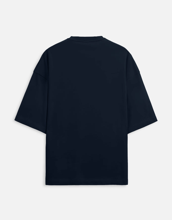 Back view of plain navy oversized short sleeve t-shirt on white background