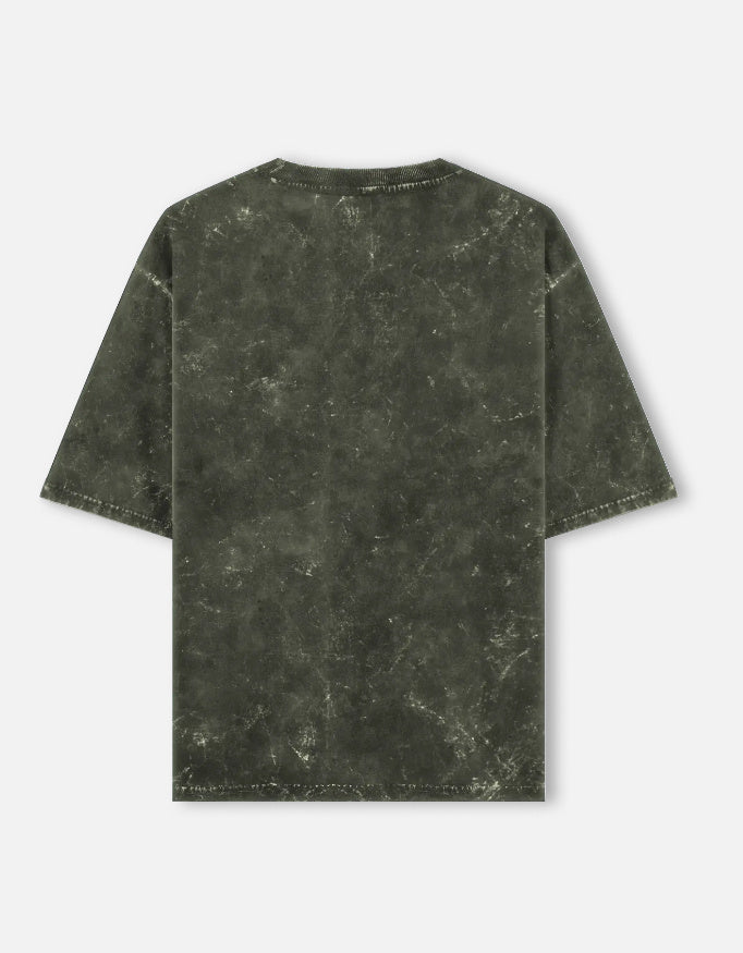 Back view of a green mineral wash short-sleeve t-shirt with a relaxed fit