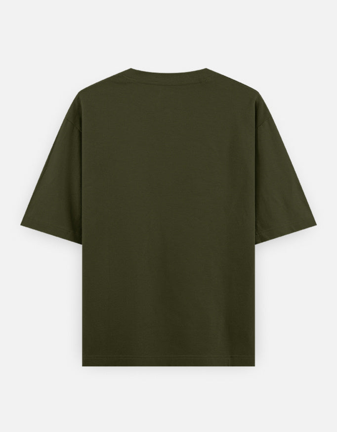 Back view of plain olive green short sleeve t-shirt on white background