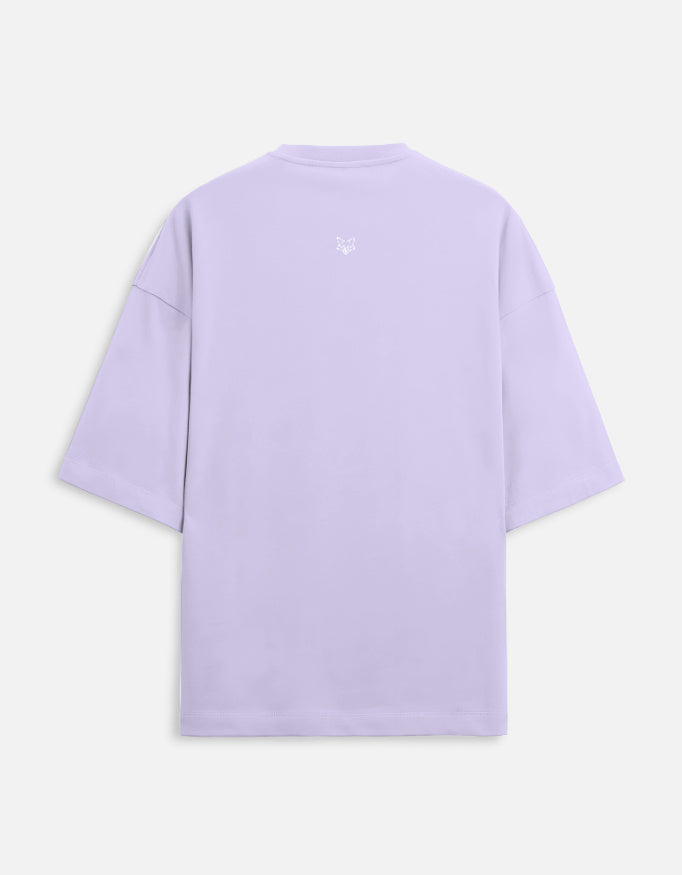Light purple oversized T-shirt back view, short sleeves, small white fox logo below neckline