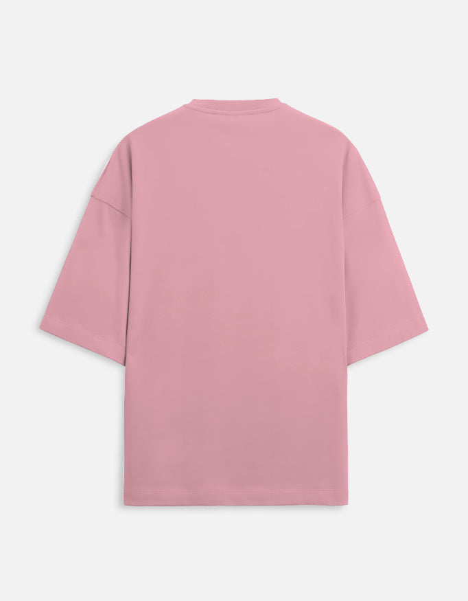 Back view of oversized pink short sleeve t-shirt on white background