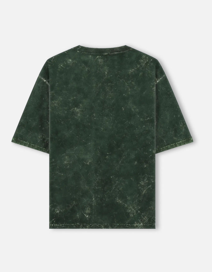 Back view of a short sleeve green tie-dye t-shirt on white background