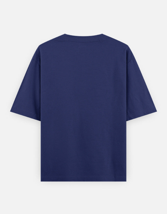 Back view of plain navy blue short-sleeve unisex cotton T-shirt