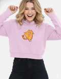 Person wearing a pink hoodie with a cartoon tiger design on a white background