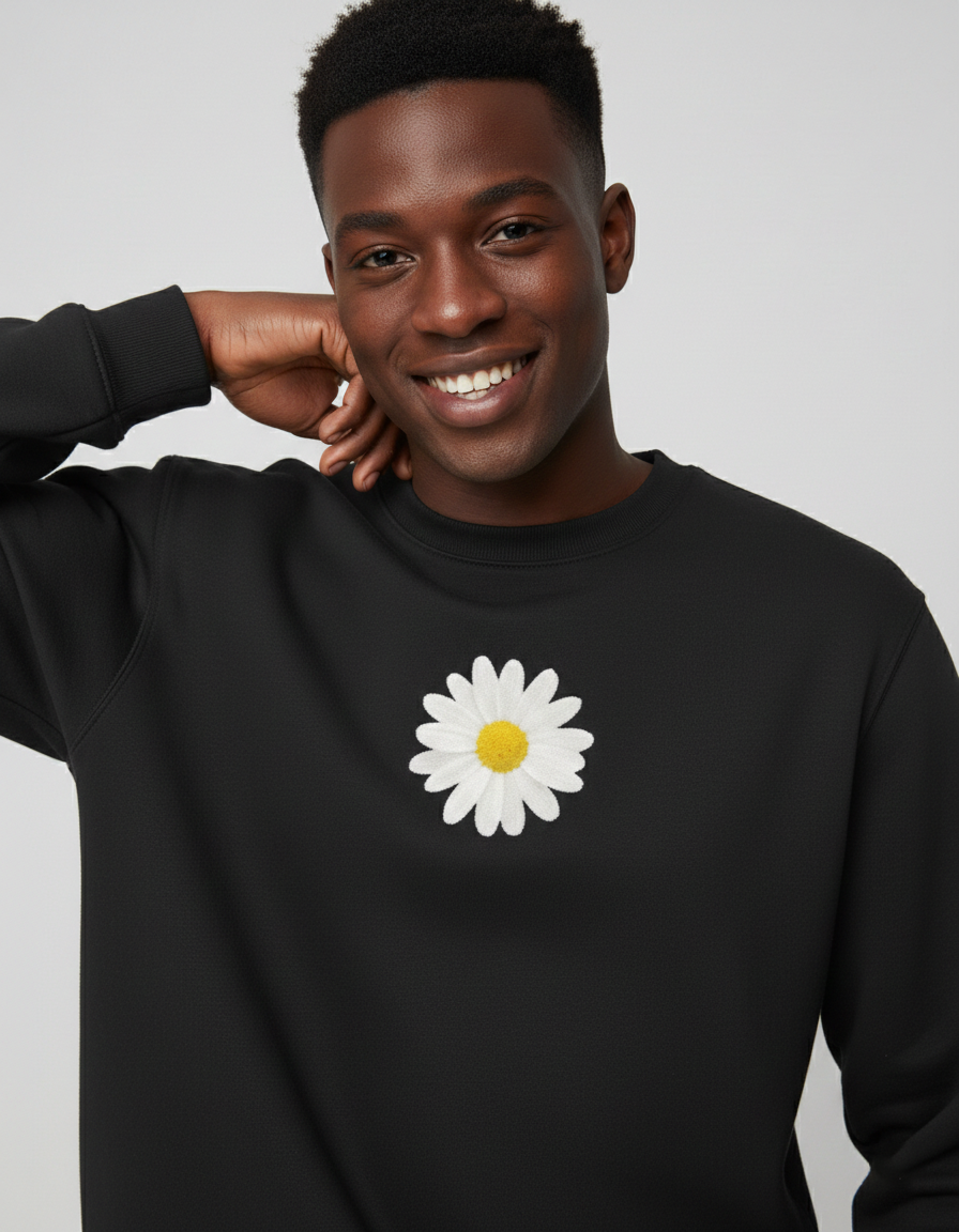 Person wearing a black sweatshirt with a white daisy design on a plain background