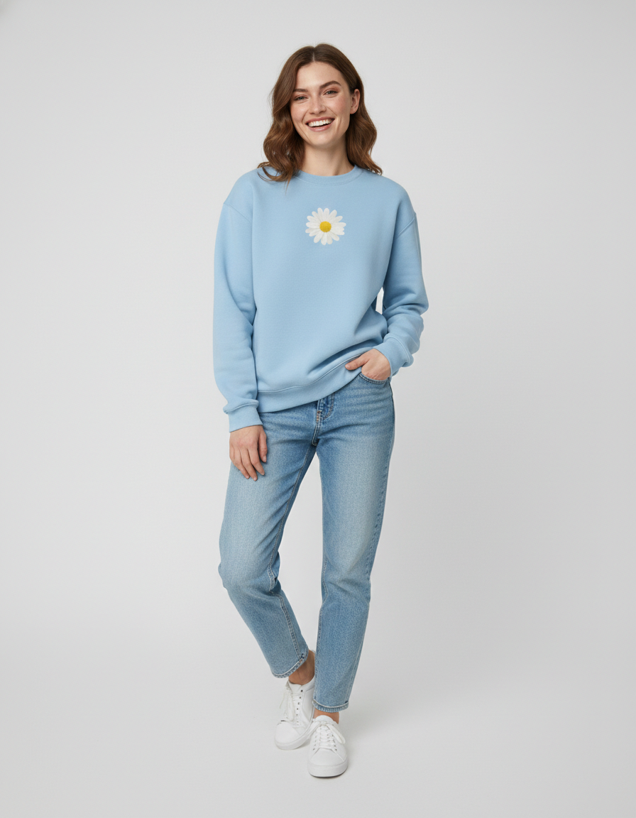 Woman wearing a light blue sweater with a sunflower design and light blue jeans on a white background