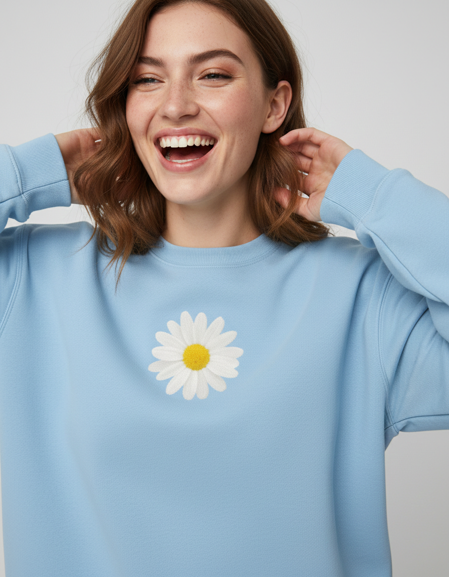 Person wearing a light blue sweatshirt with a white daisy design on a plain background