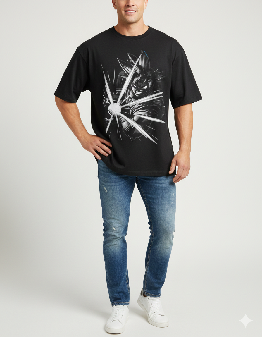 Person wearing a black t-shirt with a graphic design on a white background