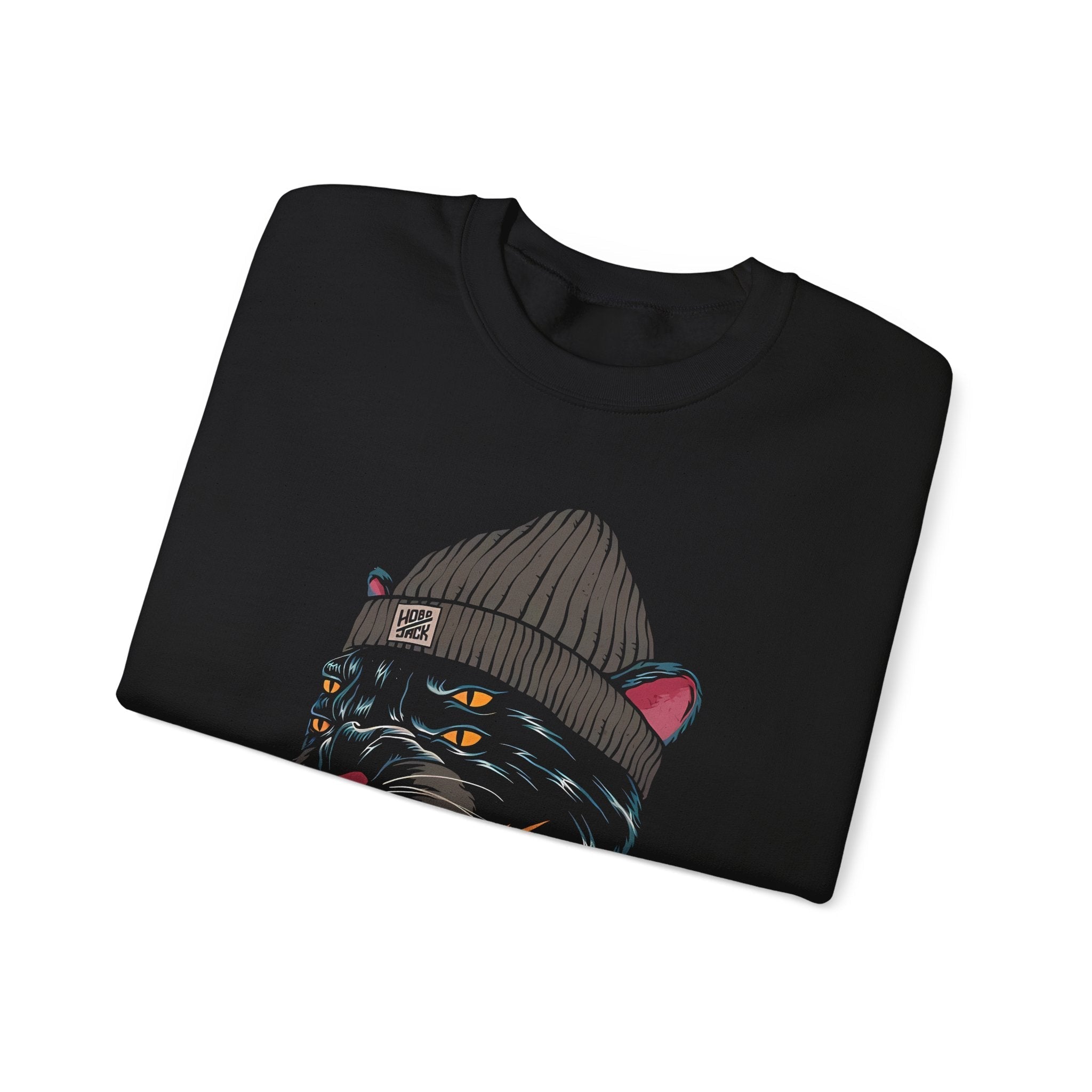 Black sweatshirt with a graphic of a panther wearing a beanie on a white background - Tinyfox