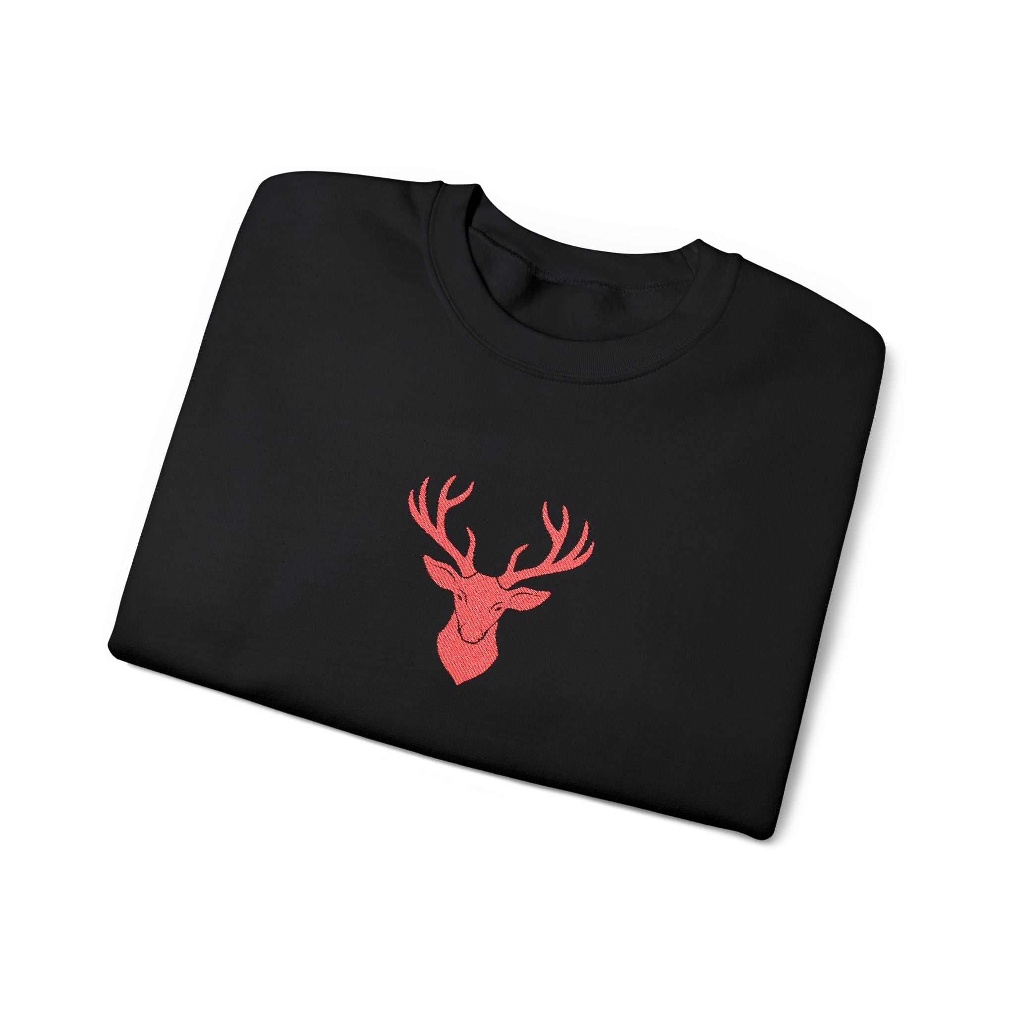 Folded black sweatshirt with a red deer head design on a white background