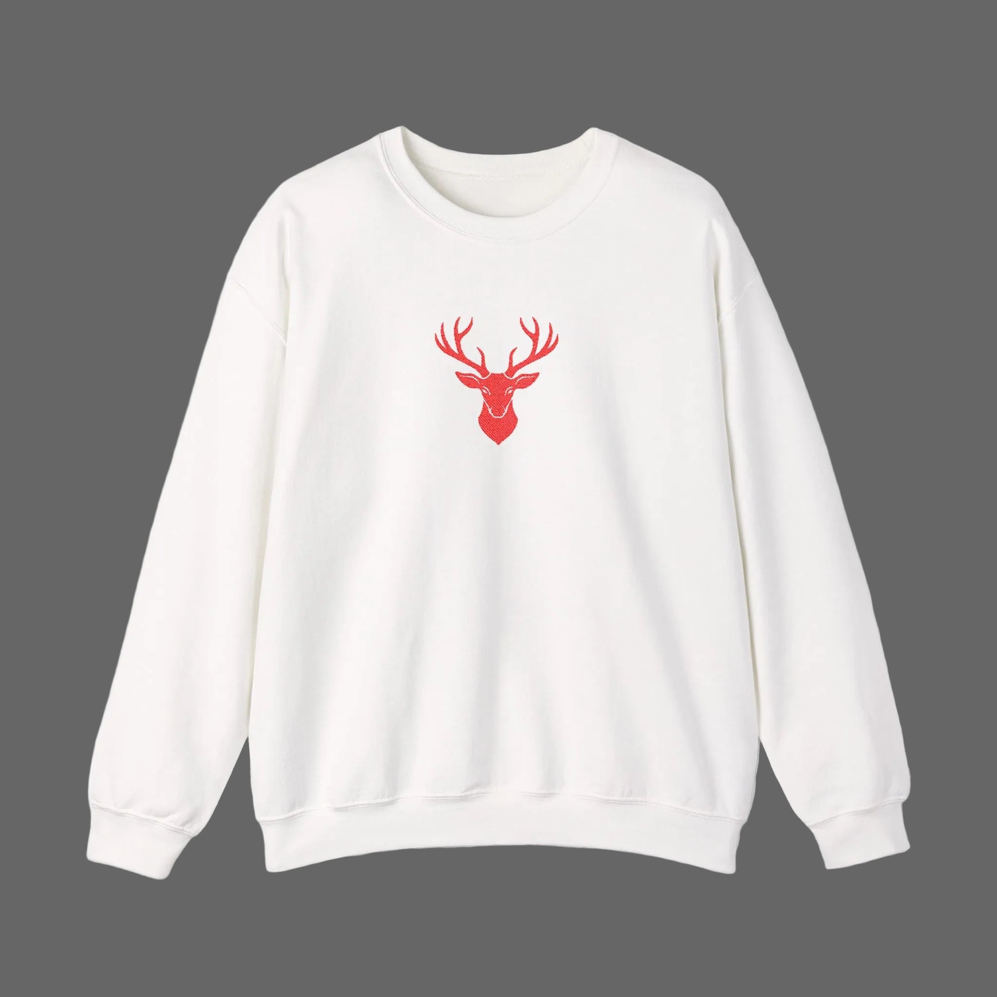 White sweatshirt with a red deer graphic on a white background