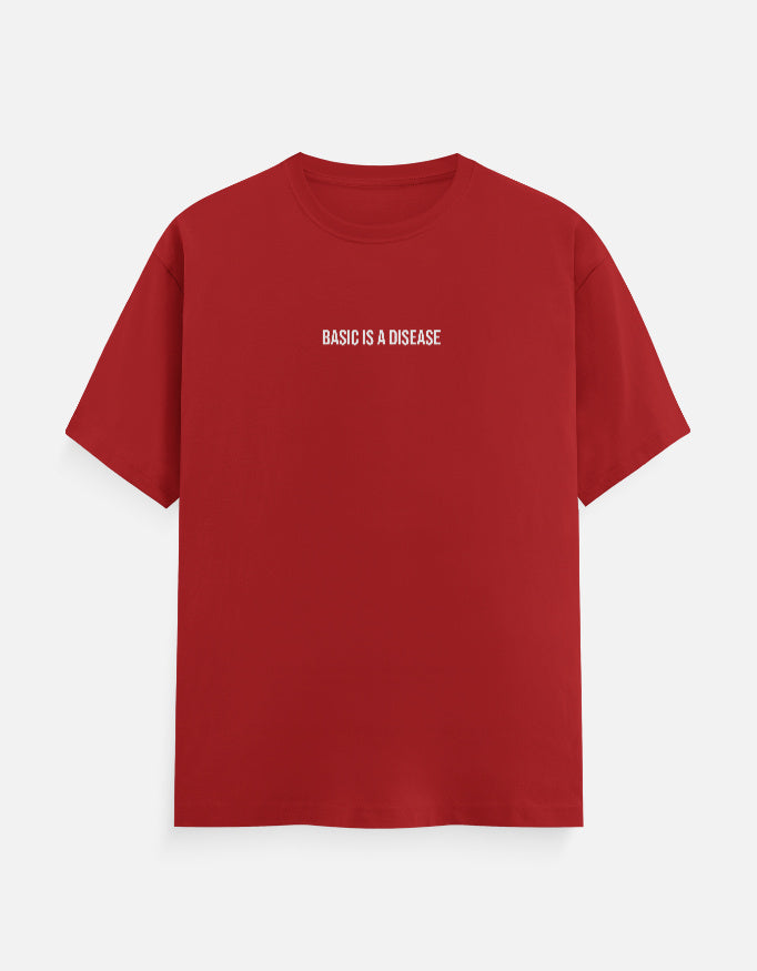 Red t-shirt with white text on a white background