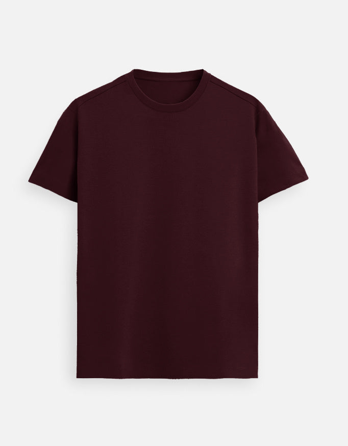 Plain maroon short-sleeve crew neck t-shirt on white background