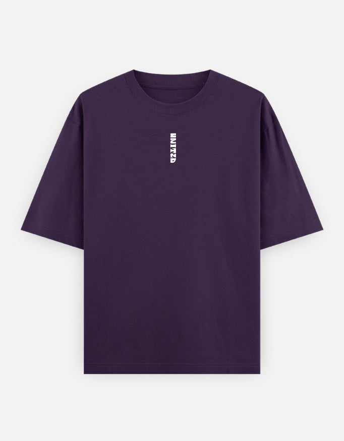 Plain purple unisex t-shirt with small vertical white text graphic on chest