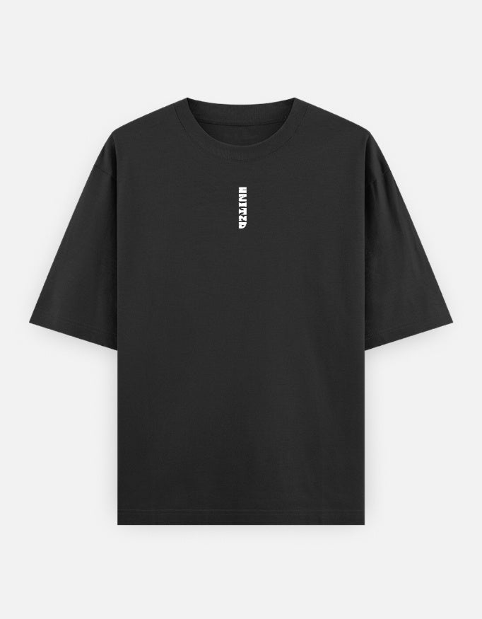 Black unisex t-shirt with vertical white INJIZED text on chest, short sleeves, plain front
