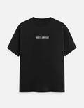Black t-shirt with white text on a white background