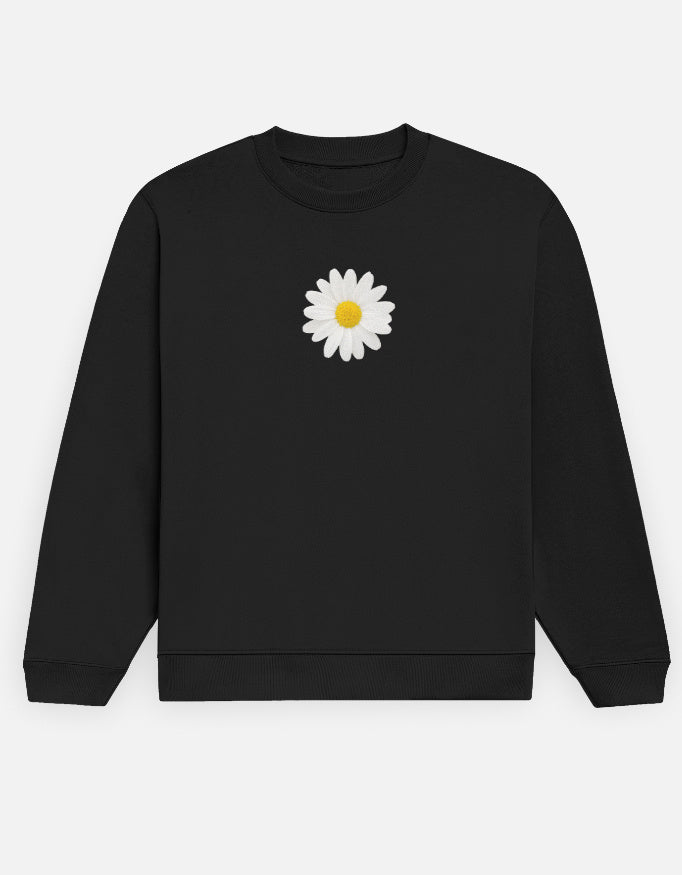 Black sweatshirt with a white daisy flower on a white background