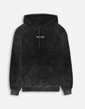 Black acid wash hoodie with front pocket and small center chest text logo
