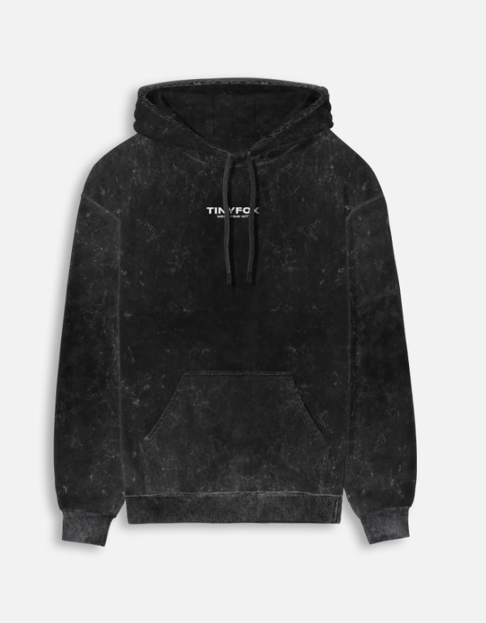 Black acid wash hoodie with front pocket and small center chest text logo