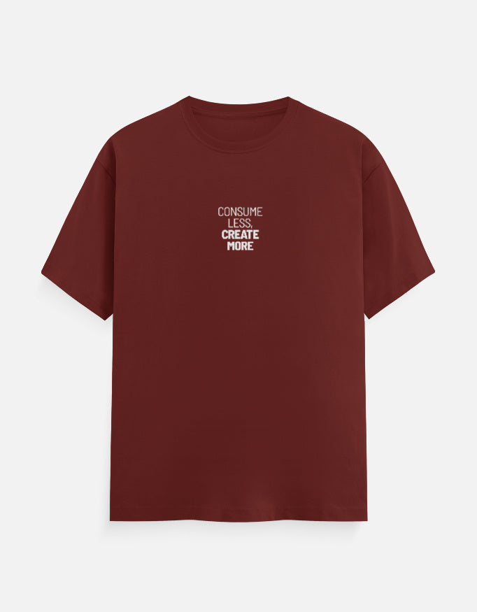 Maroon t-shirt with white text on a white background