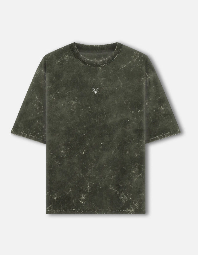 Acid wash dark green t-shirt with small fox logo on chest, short sleeves, crew neck