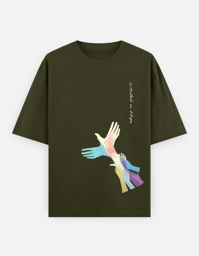 Olive green t-shirt with colorful overlapping hands graphic and 'United in Hope' text