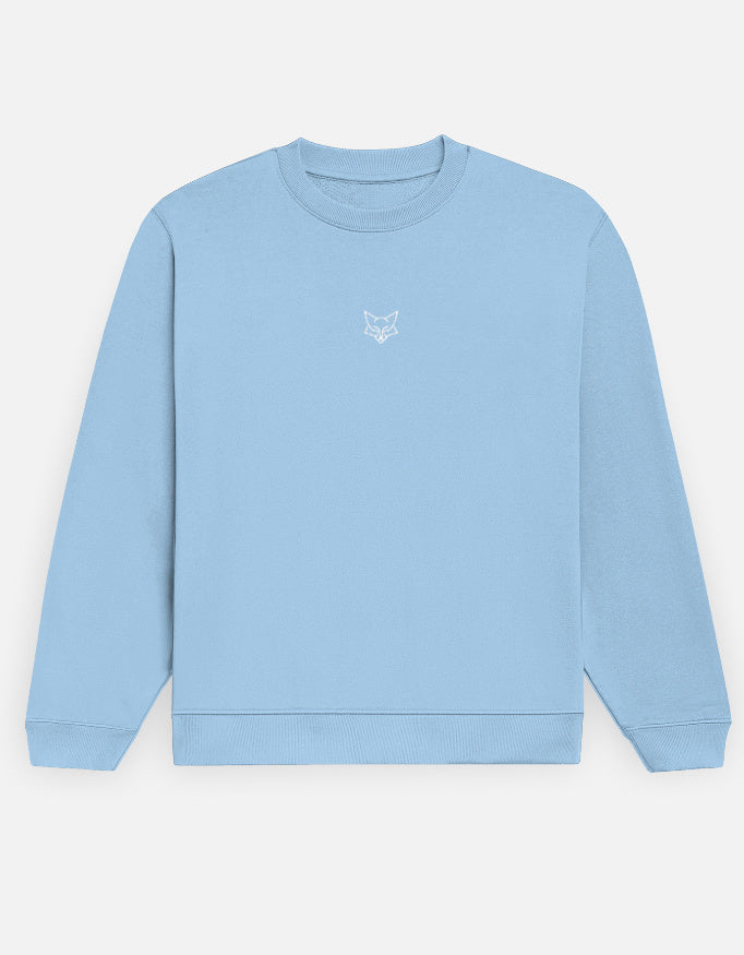 Light blue sweatshirt with a small logo on a white background