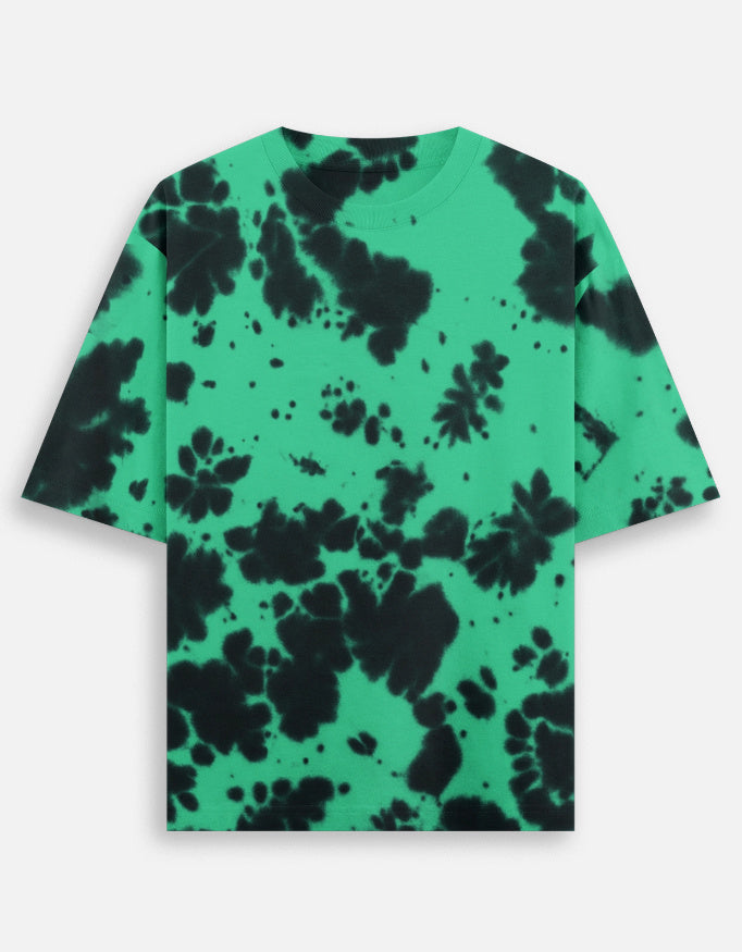 Green and black tie-dye t-shirt with short sleeves, front view on white background