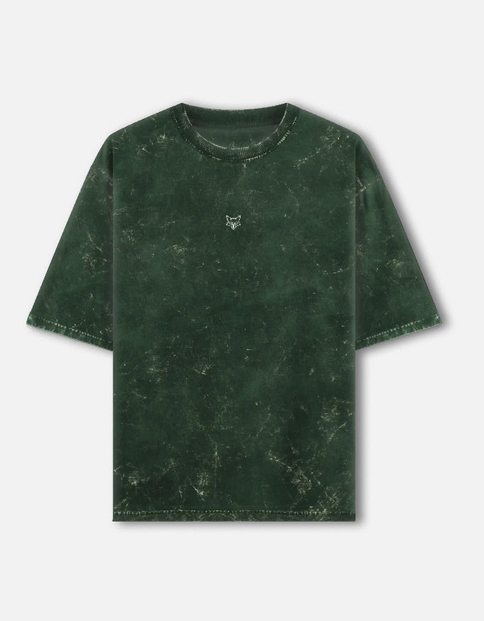 Green acid wash t-shirt with small embroidered fox head logo on chest, short sleeves, crew neck