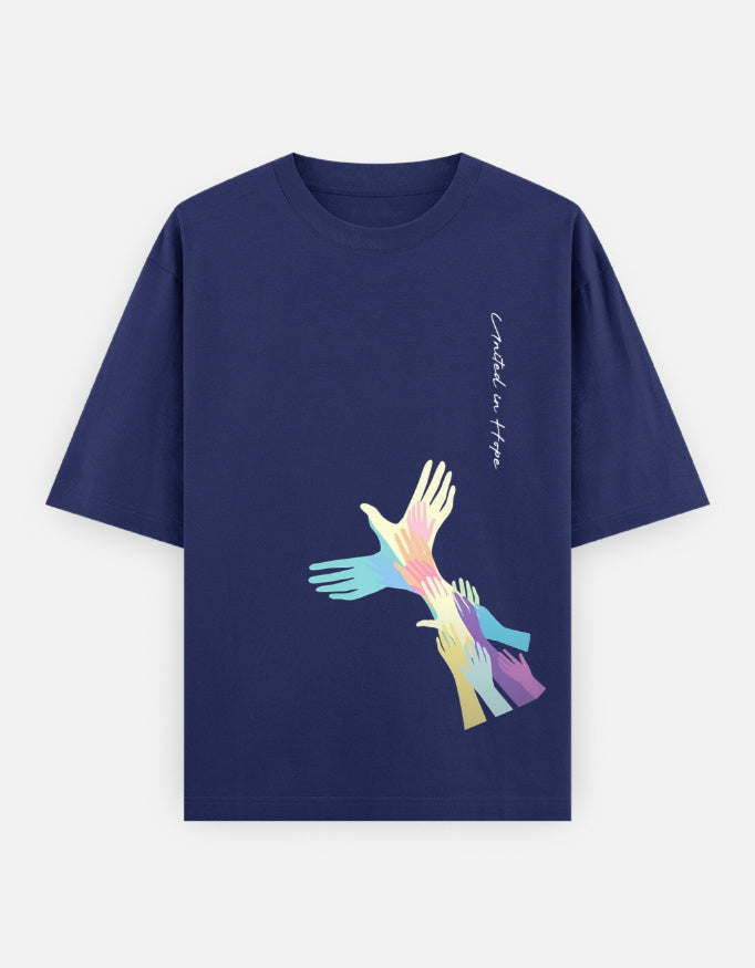 Navy blue t-shirt with colorful hands graphic and 'United in Hope' text on front