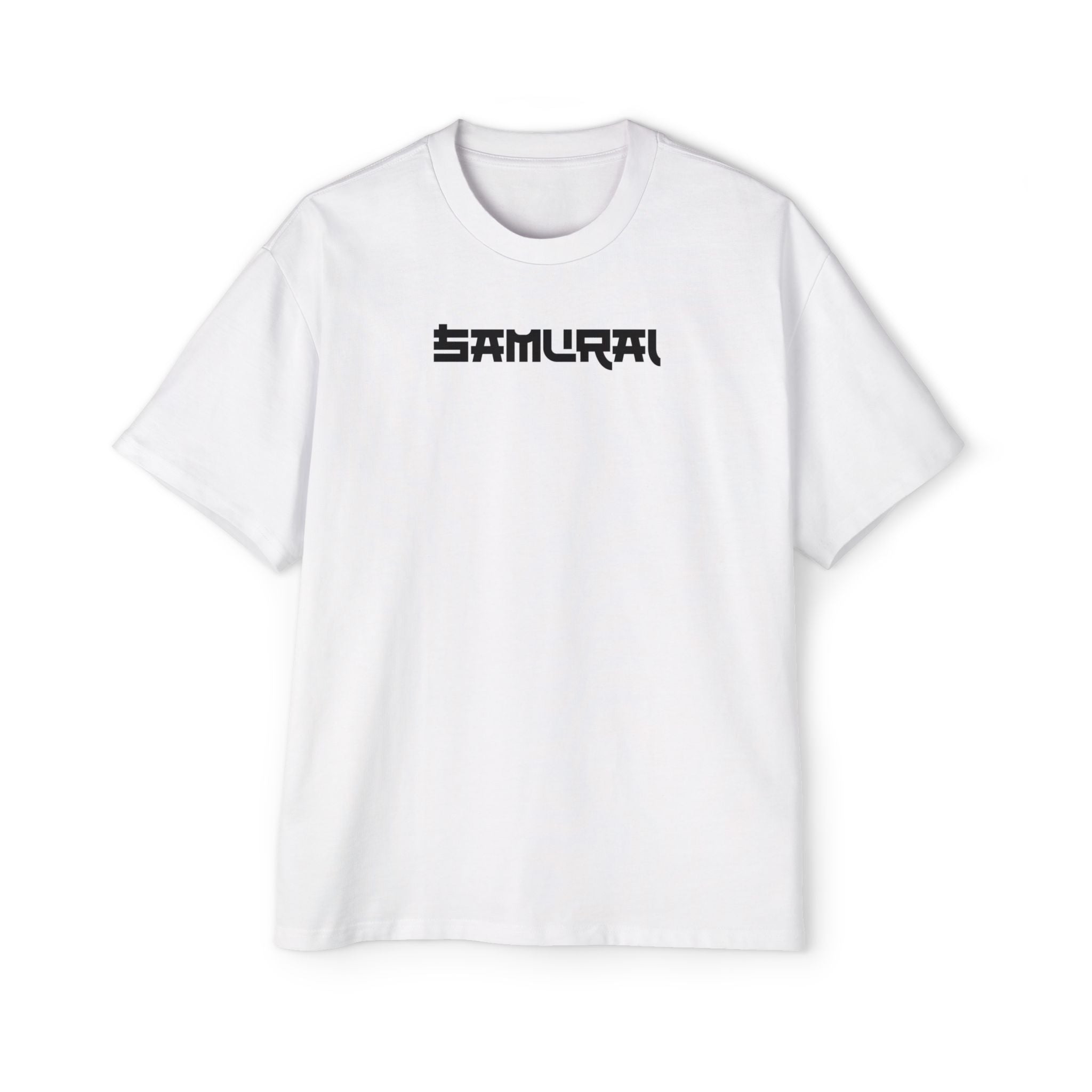 White t-shirt with black text on a white background