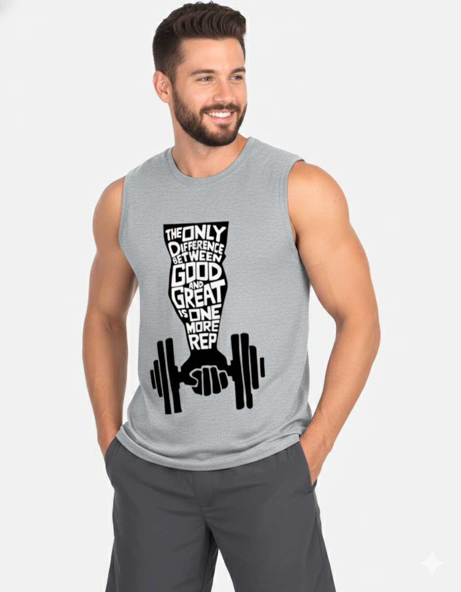 Man wearing a gray sleeveless shirt with a motivational quote and dumbbell graphic on a white background