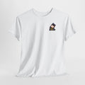 White t-shirt with a small black and yellow graphic on a light gray background
