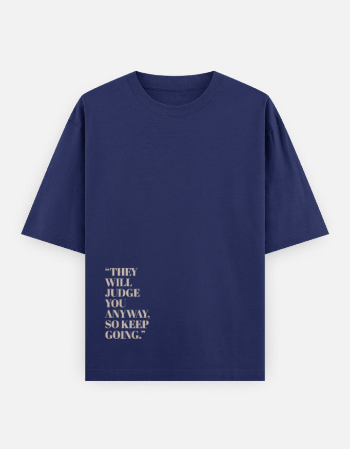 Navy blue t-shirt with white text on a light gray background