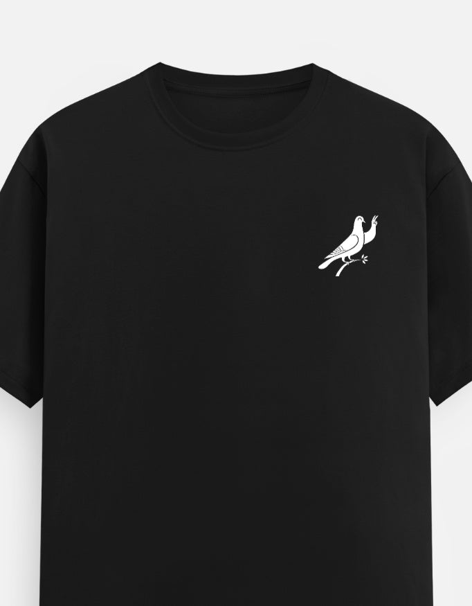 Black t-shirt with white pigeon graphic on left chest pocket area