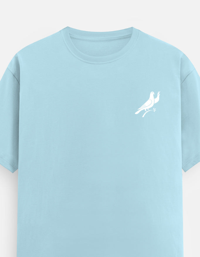 Light blue t-shirt with white bird graphic on left chest pocket area