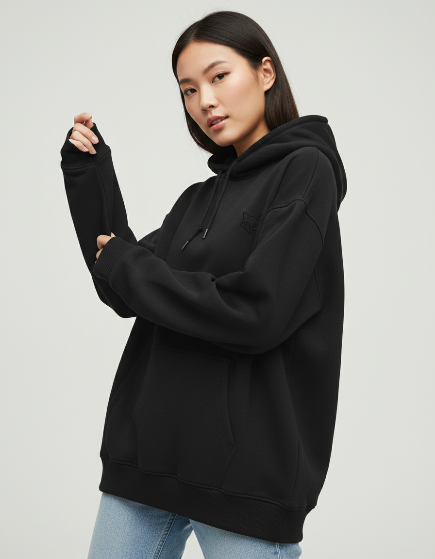 Woman modeling oversized black hoodie with kangaroo pocket and subtle fox logo detail