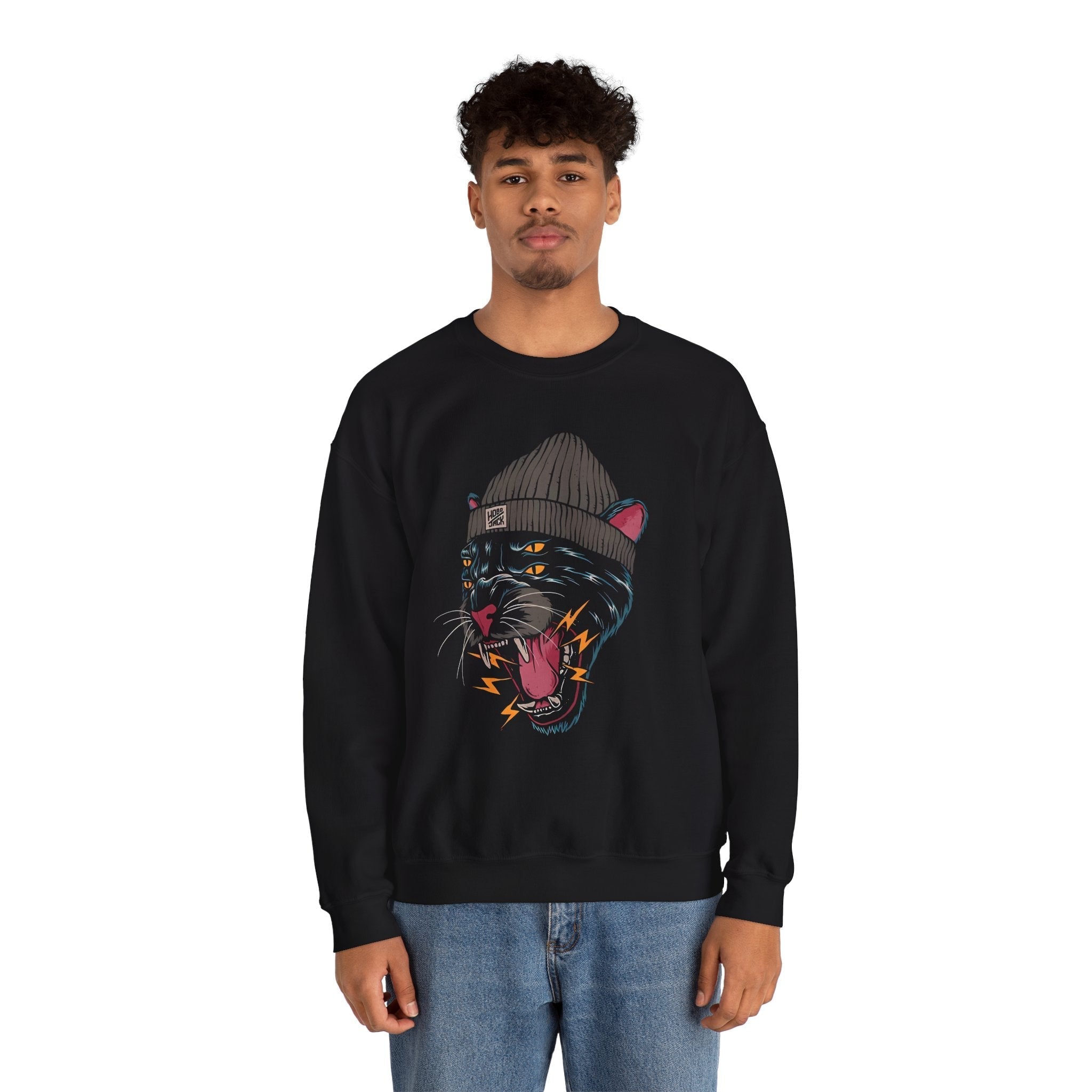 Person wearing a black sweatshirt with a panther graphic design on a white background - Tinyfox