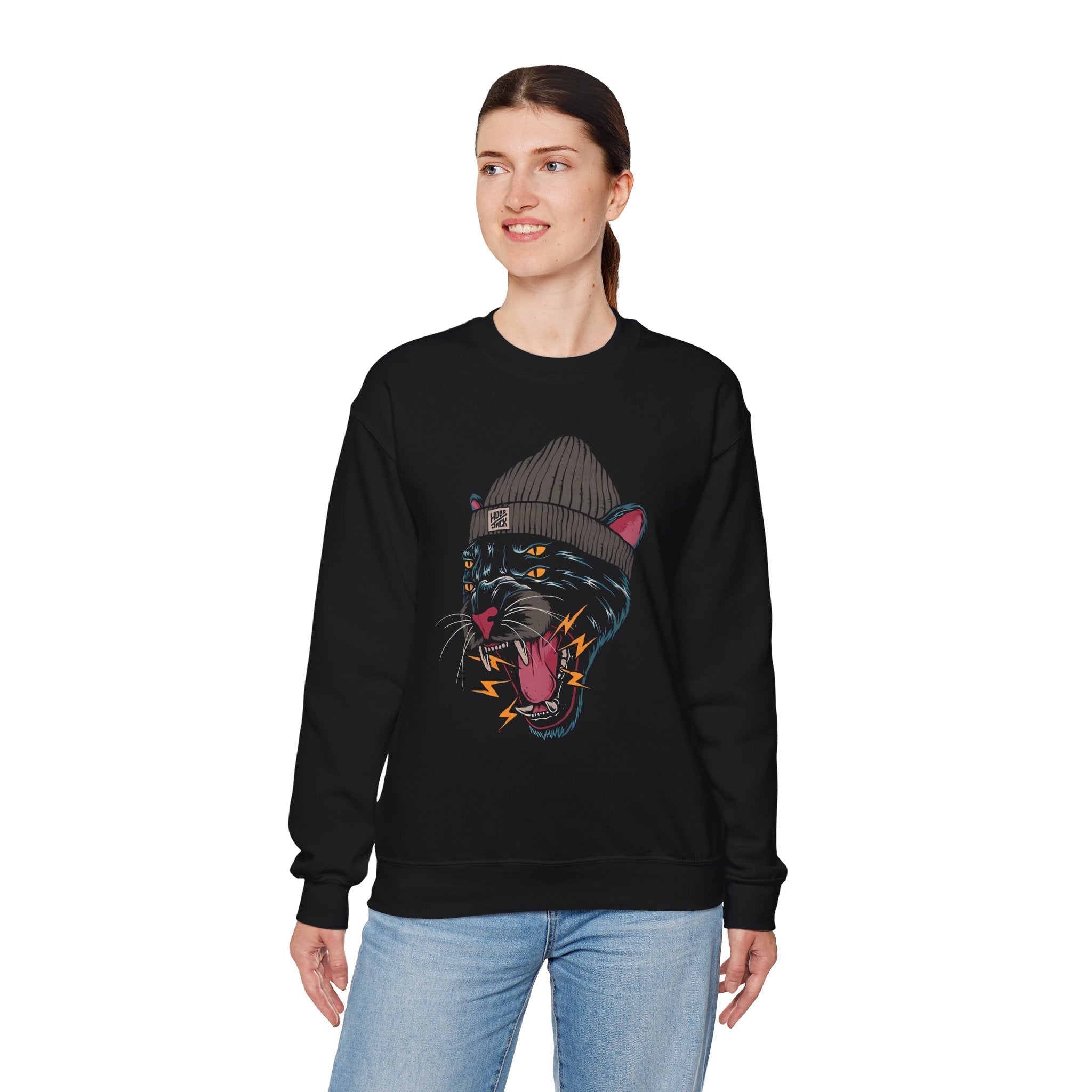 Person wearing a black sweatshirt with a colorful panther graphic on a white background - Tinyfox